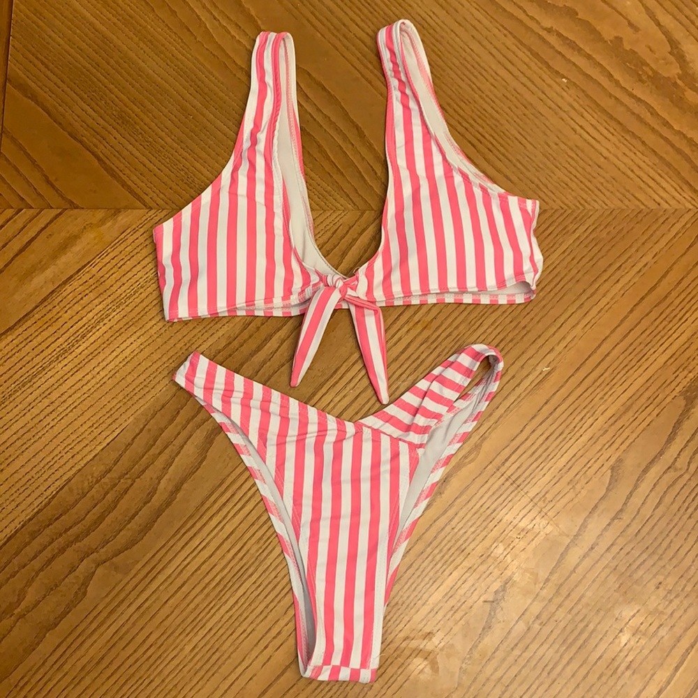 Pink pinstripe high leg high waisted bikini